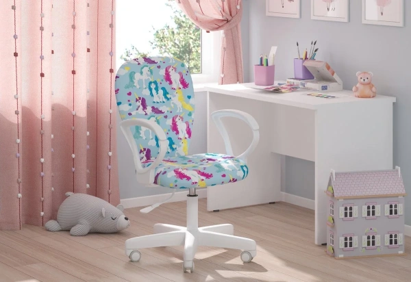 Детское компьютерное кресло CHAIRJET KIDS 105 с подлокотниками, велюр, принт единороги